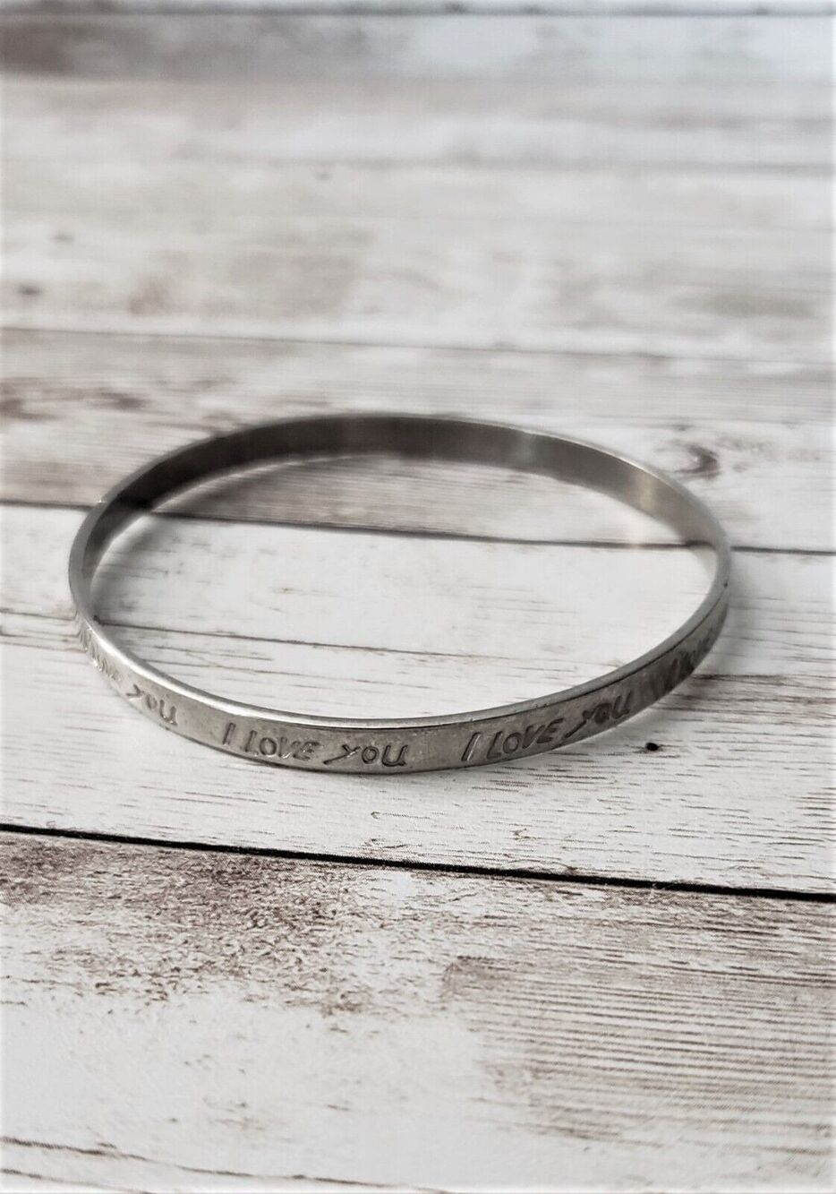 "I Love You" Stamped Dark Silver Tone Bracelet - Some Tarnish